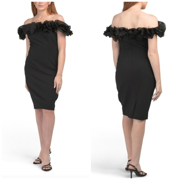 🔹️AIDAN MATTOX 🔹️silk Blend Off The Shoulder Ruffle Mini Cocktail Black Dress